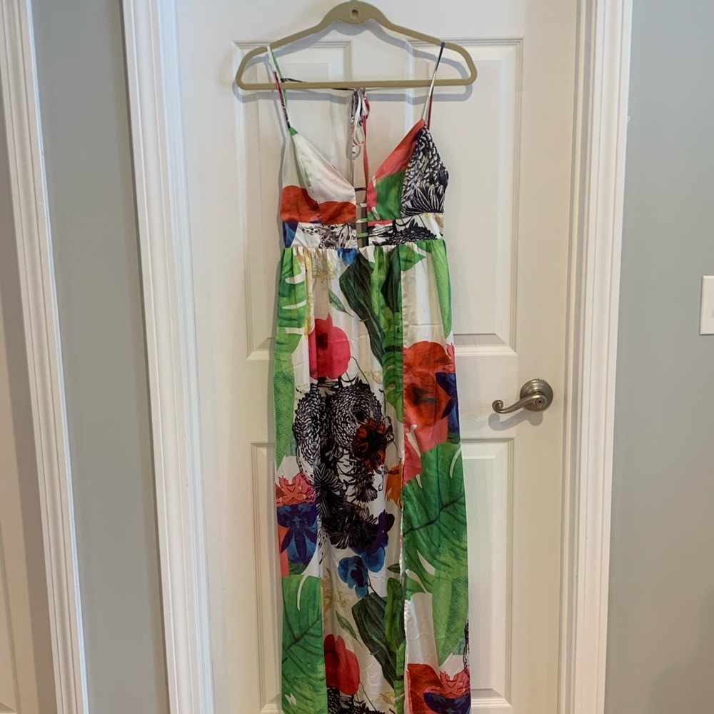 Tropical Print Satin Maxi Dress Spring Break